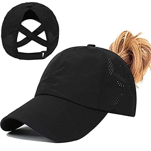 Image of Enwokran Women's Ponytail Baseball Cap, Adjustable Breathable Criss Cross Mesh Quick Drying Messy High Bun Ponycap Hat (Black)