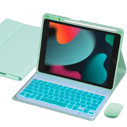 Image of VLEAQC Keyboard Case for iPad 9th/8th/7th Generation 10.2 Inch, 7 Color Backlight Wireless Keyboard and Mouse, Protective Cover with Pencil Holder, Compatible with iPad Pro 10.5" /Air 3rd Gen (Green)