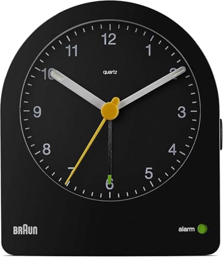 Image of Braun Classic Analogue Alarm Clock with Snooze and Continuous Backlight, Quiet Quartz Movement, Crescendo Beep Alarm in Black, model BC22B.