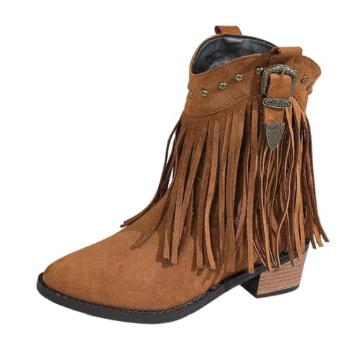 Image of Generisch Women's Cowboy Boots Suede Half Boots Ankle High Western Boots Pointed Low Heel Boots Perforated Suede Half Boots Women's Shoes Long Boots, brown, 10 UK