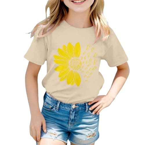 Image of Girls Sunflower T Shirt Summer Cute Floral Print Kids Short Sleeve Tee Crew Neck Cotton Top Casual Loose Toddler School Athletic Tshirt Soft Comfy Outdoor (Khaki, 12-13 Years)