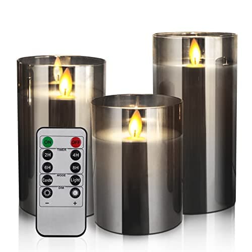 Image of LED Candles 3 Flameless Candles 4" 5" 6" Set, Real Wax Light, Battery Operated Candles Gray Glass Pillars Realistic Flickering Wick Flame Mode, Lantern Candles with Remote Control 24 Hour Timer Lover