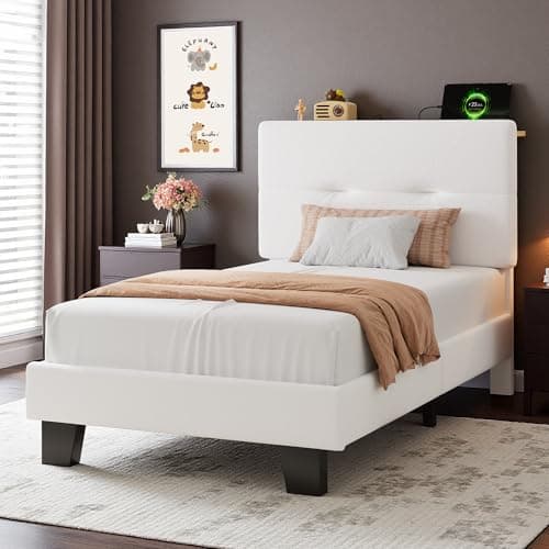 Image of Feonase 3ft Single Bed Frame with Storage Velvet Headboard, Upholstered Single beds with Charging Station, Sturdy Wooden Slat Support, Easy Assembly, Beige