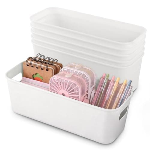 Image of Cartlant 6 Pack Small Storage Baskets, Narrow Plastic Bathroom Storage Box Long White Containers with Handle, Cupboard Cabinet Organiser Deep Trays for Kitchen Shelves Drawers, 27.5×10.5×9.5cm