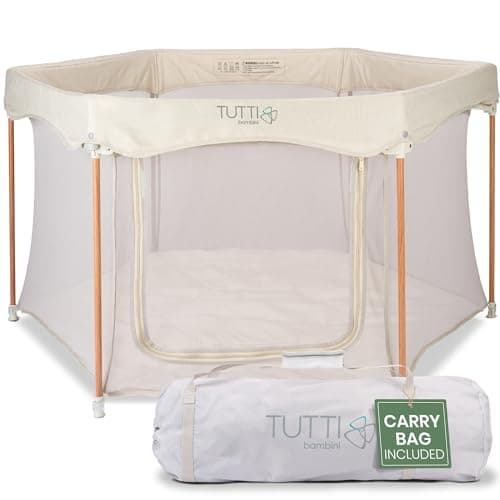 Image of Tutti Bambini Foldable Baby Playpen with Breathable Mesh Walls and Padded Frame, Zip Door, Fitted Mat, and Travel Bag - 135 x 135 x 75 cm, Ecru