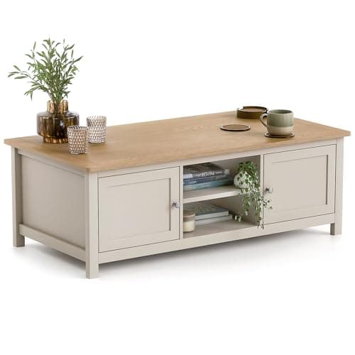 Image of CHRISTOW Coffee Table with Storage & Oak-Effect Top, 2 Open Shelves & 2 Cupboards, Modern 3 Tier Living Room or Bedroom Table, Sturdy MDF Frame, Matte Painted Pebble Finish, H40cm x W115cm x D60cm