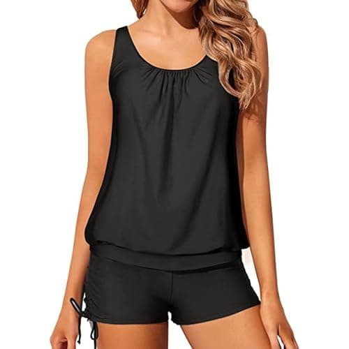 Image of 2 Piece Tankini Sets for Women UK, Athletic Swimming Costume with Sports Bra, Tummy Control Swimsuit with Shorts (UK, Alpha, M, Regular, Regular, Black)