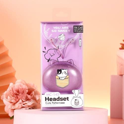 Image of QearFun Cat Earbuds for Kids in-Ear Headphones,Kid Size Flat Cable Wired Earbud,Earphone with Microphone and Lovely Earphones Storage Case,Ideal Gifts for School Girls and Boys (Purple)