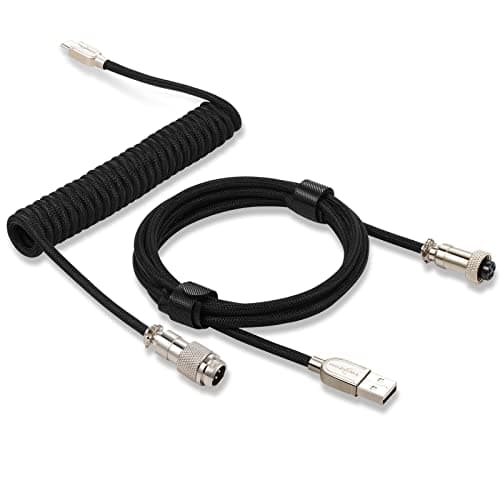 Image of Twozoh Type C Mechanical Keyboard Coiled Cable, Braided Detachable Metal Aviator Connector Double Sleeved Keyboard Cable (Black)