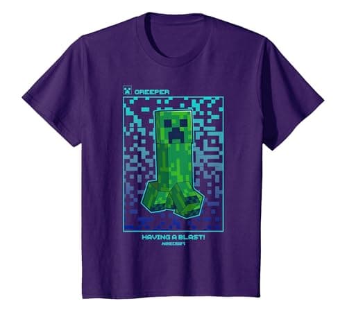 Image of Minecraft Creeper Having A Blast! Pixelated Poster T-Shirt, Youth, Purple, Small