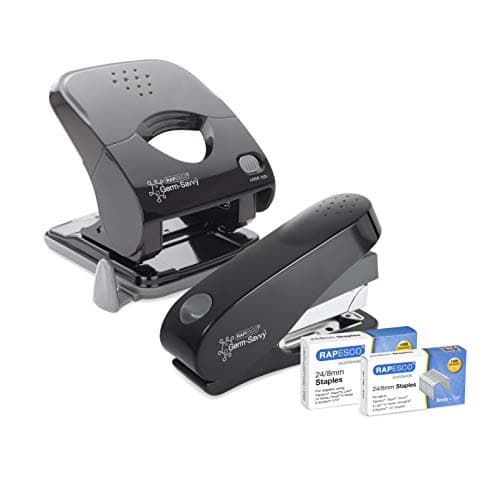 Image of Rapesco 1623 Germ-Savvy Antibacterial, ECO Luna Less Effort Stapler & ECO X5-40ps Less Effort Hole Punch Set, Black
