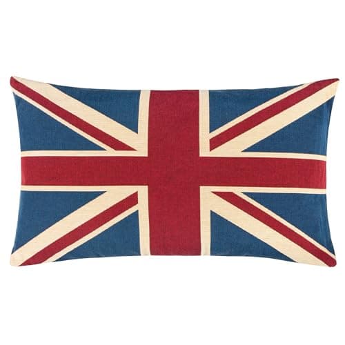 Image of furn. Evans Lichfield Union Jack Polyester Filled Cushion – Jacquard Cotton British Flag Tapestry Embroidered Decorative Pillow (Multicolour – 32x46cm)