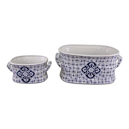 Image of Set of 2 Ceramic Footbath Planters, Vintage Blue & White Circular Design