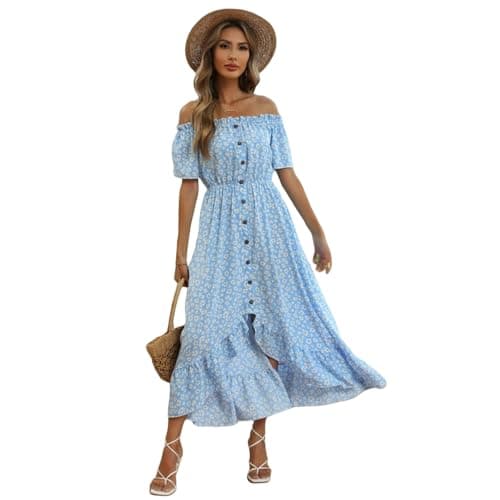 Image of HYMART Dresses Maxi Dress for Women Off Shoulder Ditsy Floral Print Short Sleeve Frill A Shape Pleated Casual Dress-sky Blue-m