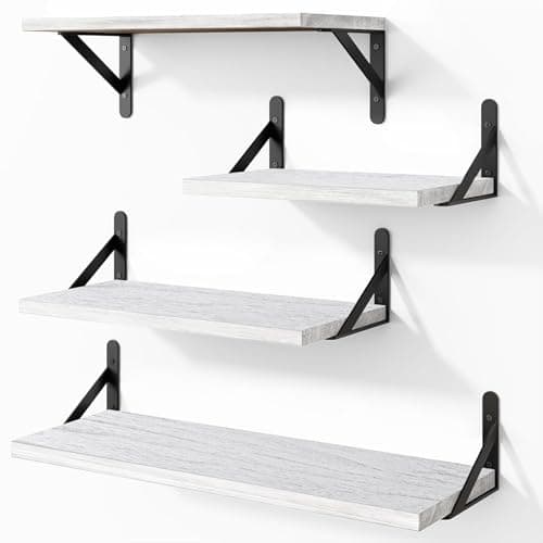 Image of Qaxinmi Floating Wall Shelves Set of 4, White Wooden Shelves with Brackets, Different Sizes Wall Mounted Storage Shelf for Living Room, Bathroom, Bedroom, Kitchen