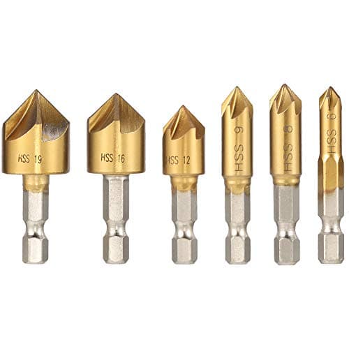 Image of Heyu-Lotus 6 Pcs Countersink Drill Bits Set, High Speed Steel Counter Sinker Drill Bits 5 Flute 90 Degree Titanium Coated Center Punch Tool Quick Change Bit 6mm-19mm for Wood