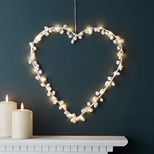 Image of Lights4fun Indoor Light Up Heart Pom Pom Hanging Wreath Decoration 20 Warm White LEDs Battery Operated with Timer