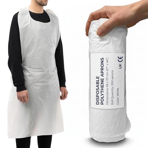 Image of 200 Disposable Aprons White Roll Pack Multipurpose Strong Waterproof Plastic Aprons in Bulk Sizes Quantity Ideal for Catering, Cooking, Clinics, Hospitality & Workplace Protection.