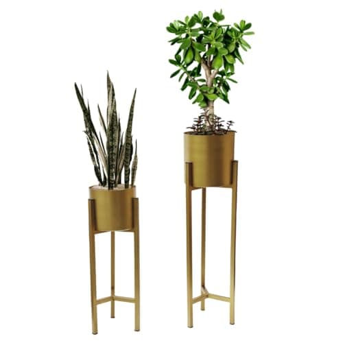 Image of Trendi Gold Set of 2 Planter Pots with Metal Stands, Flower Pots Living Room Decor | Reversible Stand Plant Pot for Indoor/Outdoor Flower pot Plant Herb | Garden Container | Organizer decor