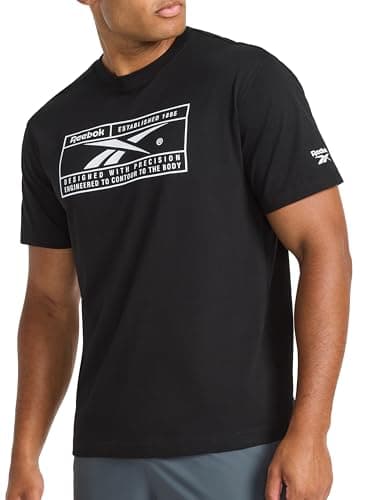 Image of Reebok Apparel Mens Locker Graphic Crewneck T-Shirt, Standard Fit, Lightweight Cotton-Poly Fabric, Black/Stark White, Medium