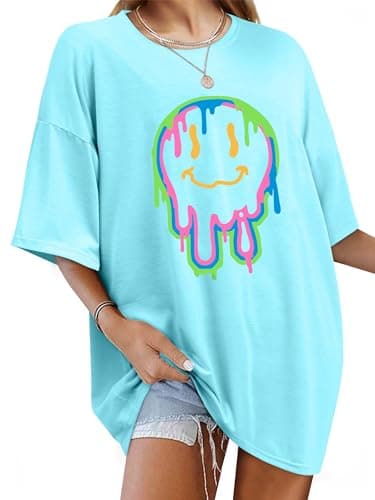Image of WIEIYM Women Oversized T Shirt Baggy T Shirts Loose Fit Summer Tee Crew Neck Casual Short Sleeve Tops Printed with Funny Face Graphic Sky-Blue