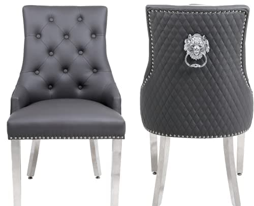 Image of ASR INTERIORS Majestic PU Leather Grey Dining Chairs Set of 2 | Luxury Button Tufted Office Desk Chairs with Lion Head Knocker Back | Kitchen Counter Chairs for Home, Office, Restaurant & Café (Grey)