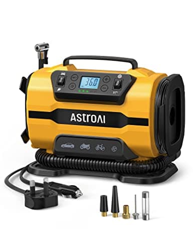 Image of AstroAI Tyre Inflator Air Compressor Dual Power Supply 12V DC & 240V AC, Car Tyre Pump with Dual Metal Motors, Car Accessories 150PSI & 350LPM Dual Mode Air Pump for Car Tyres and Air Mattress Tent