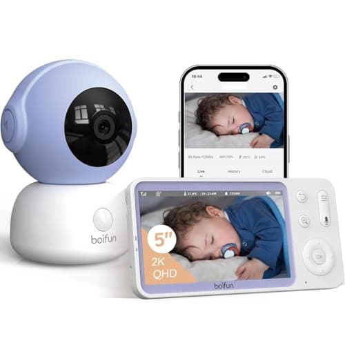 Image of BOIFUN 2K Wifi Video Baby Monitor with Phone App & 5″ Screen, Motion & Cry Alerts, Zero Glow Night Vision, Auto Tracking, Temperature & Humidity Sensor, 3000mAh Battery, Soothing Lullabies