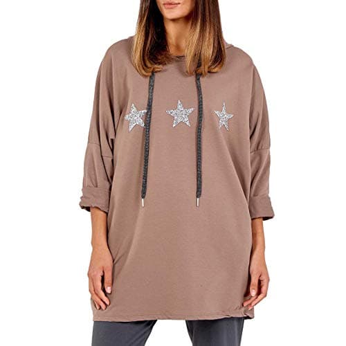 Image of Xpose Ladies Casual Baggy Oversized Gem Embellished Star Detail Hooded Pocket Sweatshirt Top Jumper Black Charcoal Dusty Pink Khaki Mocha Navy Medium - XX-Large UK Size 12-20 (MOCHA, XL/2XL (18/20))