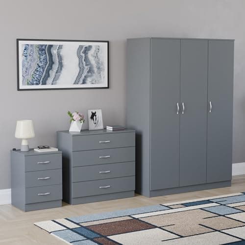 Image of Vida Designs Riano 3 Piece Bedroom Furniture Set - 3 Drawer Bedside Chest, 4 Drawer Chest, 3 Door Wardrobe - Grey