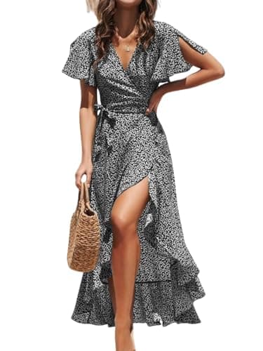 Image of CUPSHE Women Summer Wrap Maxi Dress - Casual Split Flared Sleeve V-Neck Ditsy Dress with Tie Waist Ruffle - Black Floral XL