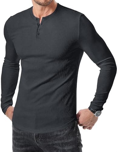 Image of Meilicloth Mens Long Sleeve T Shirt Henley T Shirts Casual Crew Neck Tee Button up Tops Dark Grey