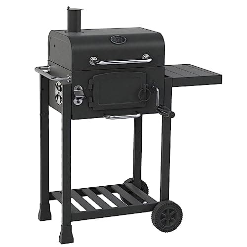 Image of CosmoGrill Outdoor Jr. Smoker Barbecue Charcoal Portable BBQ Grill, Built-in Thermometer, Adjustable Charcoal Pan and Chimney, Wheels, Storage | Compact Coal BBQ Smoker for Home Garden Party Cooking