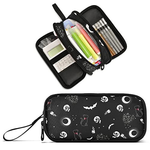 Image of XUWU Large Capacity Pencil Case Pencil Pouch Office School Large Storage Pen Bag 3 Compartment Pencil Box for Adults School Teen Girl Boy Men Women, skull cat moon, 8.86 x 3.54 x 4.33 inches, Art Deco