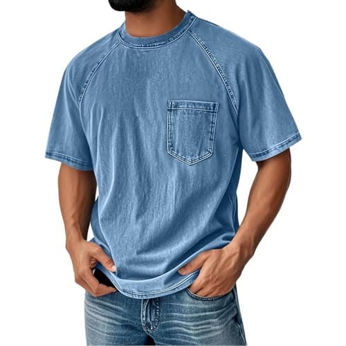 Image of Men's Distressed T-Shirts UK Vintage Short Sleeve Shirt Washed Cotton Casual Tops Crew Neck Tees Shirt Summer Loose Fit Blouse with Pocket Solid Color Retro Tshirts Comfort Streetwear