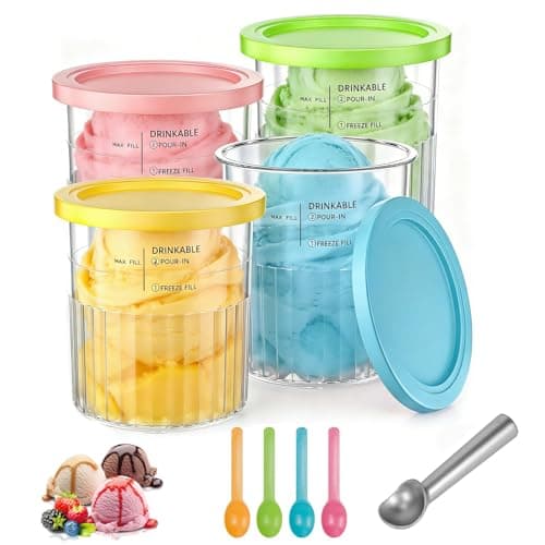 Image of Ninja Creami Tubs for Deluxe NC500 NC501, 4 Pack Ice Cream Containers with Lids, Replacement Pints for Ninja Creami Maker UK with Scoop & Spoons for Frozen Desserts, BPA-Free & Dishwasher Safe
