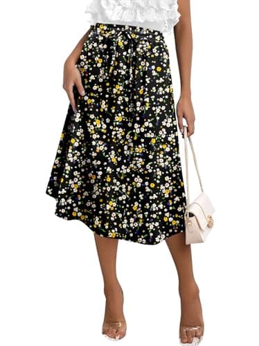 Image of KISSMODA Womens Midi Skirt High Waist A Line Boho Skirts Trendy Casual Work Elegant Summer Palazzo with Pockets Yellow Black