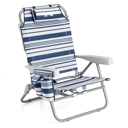 Image of Trail Low Reclining Beach Chair, Navy Blue Stripe Folding Recliner – Reclines to 4 Positions, Head Cushion, Drinks Holder, Storage Pouch & Backpack-Style Carry Straps, Portable Camping Lounger