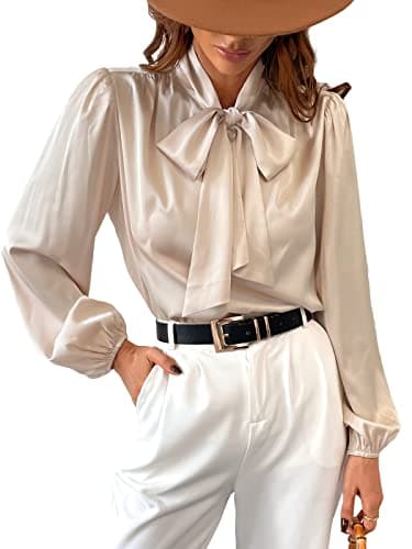 Image of CUPSHE Satin Shirt Top for Women Bow Tie Long Sleeve Shiny High Neck Work Casual Blouses Champagne L