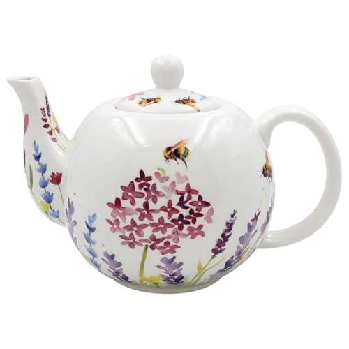 Image of Lavender & Bees Fine China 4 Cup Teapot with Bumblebee and Wildflower Design, White, Gift Boxed
