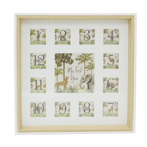 Image of My First Year Baby Photo Frame, 27cm Safari-Themed Wooden Newborn Keepsake Picture Frame with 13 Apertures for Nursery and New Baby Memories