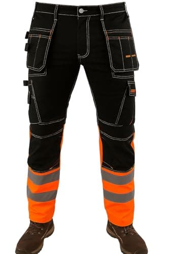 Image of WrightFits Flash Pro Hi Vis Work Trousers for Men – Combat Hi Vis Workwear with Knee Pad Pockets – Triple Stitched Work Trousers Men (34W X 29L) Orange