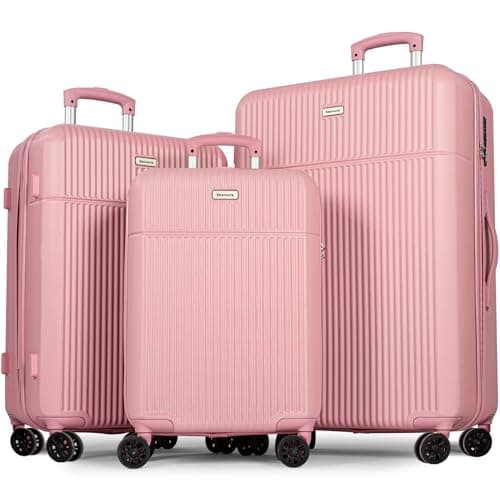 Image of H.yeed Luggage Sets 3, ABS Hard Shell Lightweight Trolley Travel Suitcase Set with 4 Spinner Wheels TSA Lock for Man Women, 21" + 24" + 28"-Pink