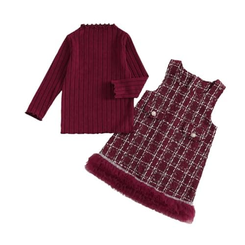 Image of Little Baby Girl Outfit Clothes Fall Long Sleeve High Necked Ribbed Sweater Pullover Tops Toddler Girls Clothing Plaid A Line Tank Dress Set (Red, 4 Years)