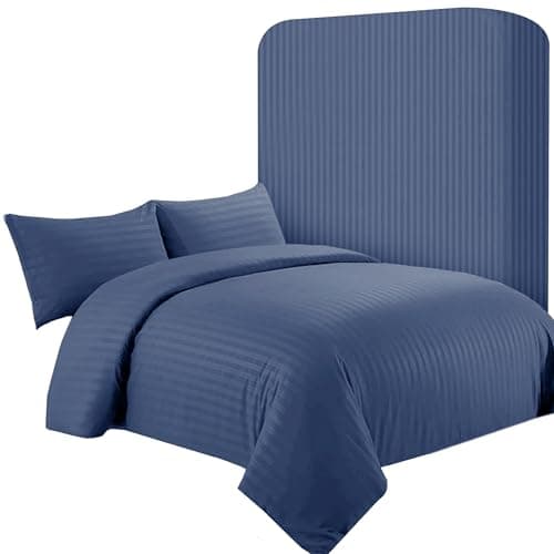 Image of AR Ware Double Satin Stripe Duvet Cover Set – 4 Pcs Navy Soft, Hotel-Style Bedding Set with 2 Pillowcases and 1 Fitted Sheet