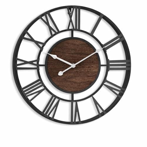 Image of Pytha Sight Large Wall Clock for Living Room,40cm Black Skeleton Modern Big Silent Vintage Walnut Wood Roman Numerals Wall Clocks for Kitchen,Bedroom, Office, Fireplace, Classroom Home Decor