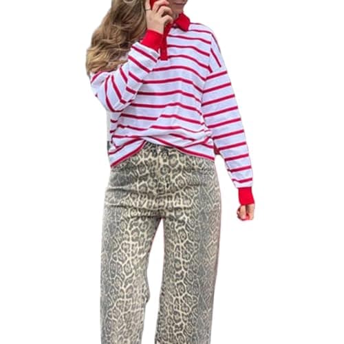 Image of FeMereina Women's Casual Striped Sweatshirt Long Sleeve Polo V Neck Lightweight Loose Fit Drop Shoulder Pullover Shirts Tops (Coral Red, M)