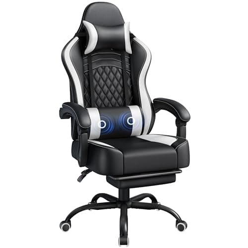 Image of Yaheetech Gaming Chair, Ergonomic Racing Gaming Chair with Massage Lumbar Pillow, High-Back Office Chair with Slide-Out Footrest and Padded Linkage Armrests for Adults (Black/White)