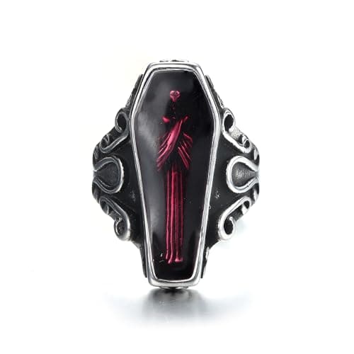 Image of GTHIC Vintage Coffin Shape Vampire Ring Gothic Rings for Men Women Stainless Steel Statement Biker Rings Jewelry Gift Purple Size 12