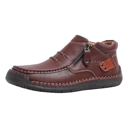 Image of Leather Shoes Men's Breathable Non-Slip Moccasins Barefoot Shoes with Leather Upper Extra Wide Business Driving Shoes with Zip Classic Flat High Shoes Comfortable Casual Shoes, brown, 11 UK